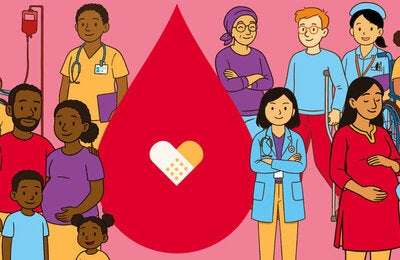 Banner con ilustraciones de personas de diferentes edades y razas que se benefician de las donaciones de sangre.
